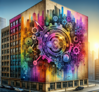 Colorful Urban Mural Of Gears And City Skyline On A Building At Sunset, Vibrant Street Art In A Modern Cityscape.