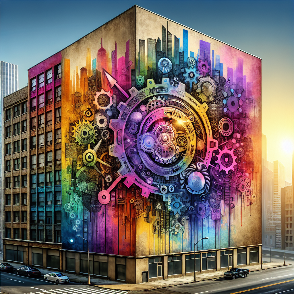 Colorful urban mural of gears and city skyline on a building at sunset, vibrant street art in a modern cityscape.